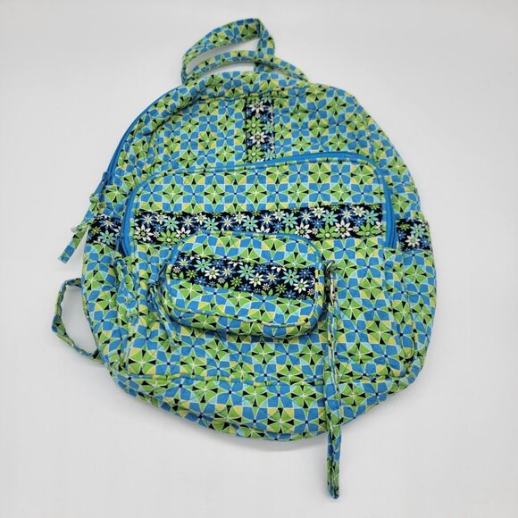 Floral 100% Cotton Backpack‎ Daisy Blue Green Attached Matching Wallet - Picture 9 of 10